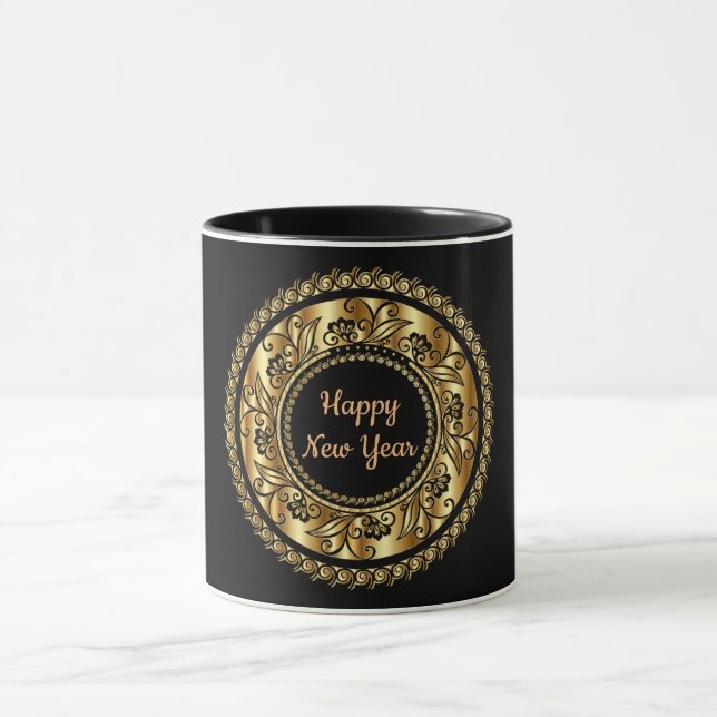 Caneca Feliz ano novo, preto elegante e ouro, (Centro)