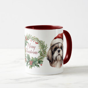Caneca Feliz branca Shitzu Cachorra de Natal