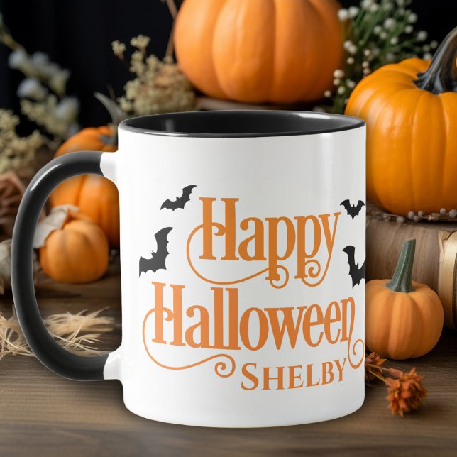 Caneca Feliz Dia das Bruxas Personalizadas de Negro e Lar (Personalized Black and Orange Happy Halloween Mug - Just add your name!)