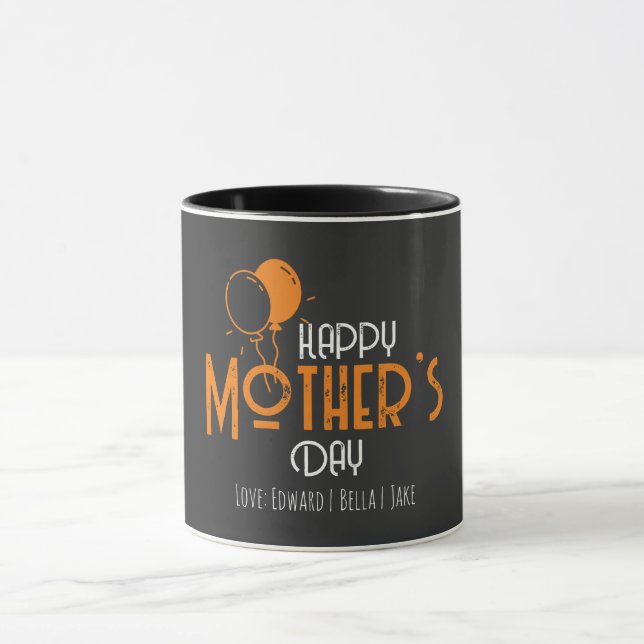 Caneca Feliz Dia das Mães com Balões e Nomes Laranja (Centro)