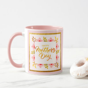 Caneca Feliz Dia das Mães Floral, Rosa e Dourado Elegante