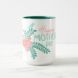 Caneca Feliz dia das mães texto flores e pássaros