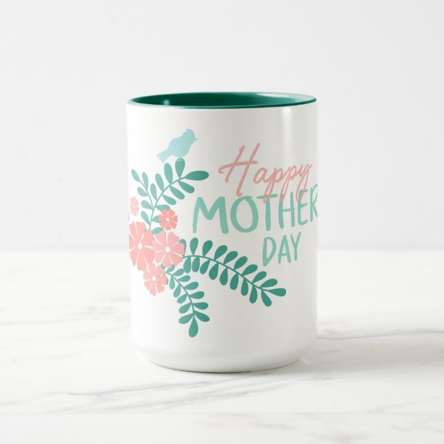 Caneca Feliz dia das mães texto flores e pássaros (Centro)