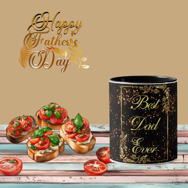 Caneca Feliz Dia de os pais Calliografia Dourada Confetti (Happy Father's Day Calligraphy Gold Confetti Black Mug)
