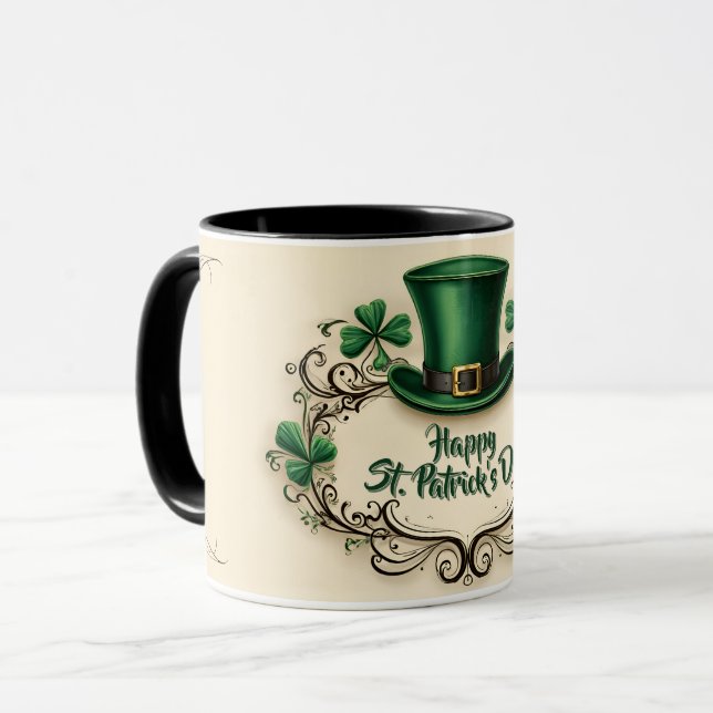 Caneca Feliz Dia de São Patrício Design de Trevo (Frente Esquerda)