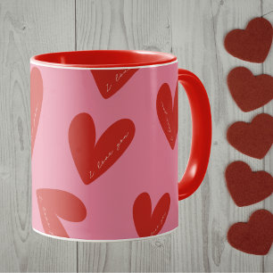 Caneca Feliz Dia dos Namorados Corações Rosa Vermelhos 'E