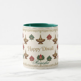 Caneca Feliz Diwali Deepak Motivos de Lótus Patrimônio In