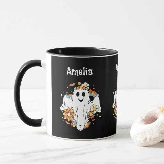 Caneca Feliz Fantasma Retro Hippie Vibe (Com Donut)