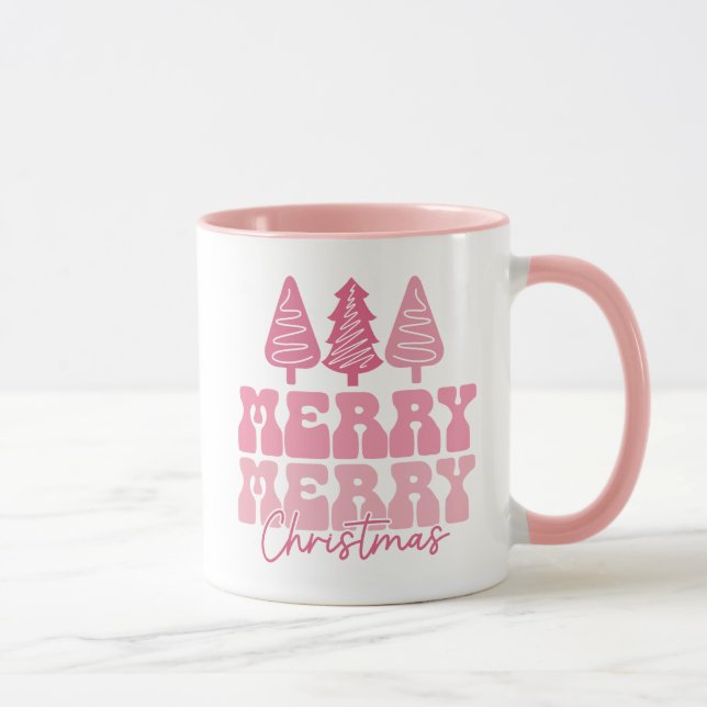 Caneca Feliz Feliz Natal - Design de Férias Rosa (Direita)