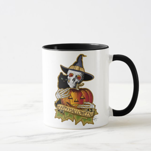 Caneca Feliz Gato Negro de Halloween, Crânio e Abóbora (Direita)