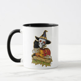 Caneca Feliz Gato Negro de Halloween, Crânio e Abóbora