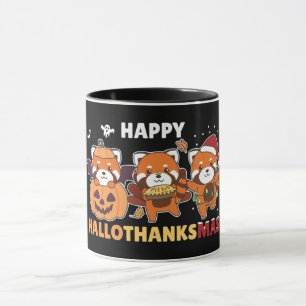 Caneca Feliz Hallothanksmas Pandas Christmas Red Panda