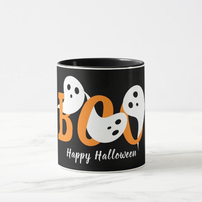 Caneca Feliz Halloween Boo Fantasmas Negros (Centro)