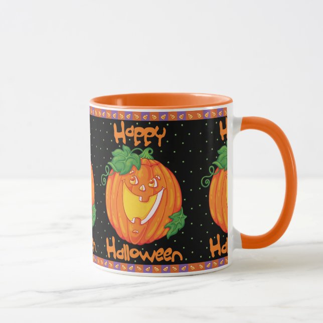 Caneca Feliz Halloween Cute Rindo Café da Abóbora (Direita)
