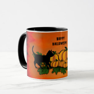 Caneca Feliz Halloween, Gato Preto, Morcego e Abóbora