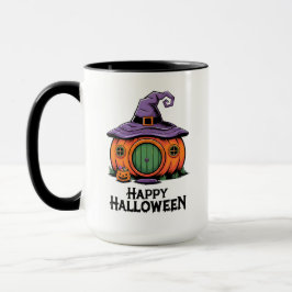 Caneca Feliz Halloween Pumpkin Cottage & Witch Hat Roof