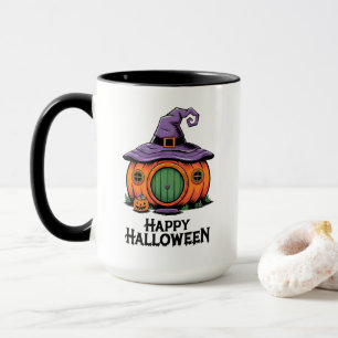Caneca Feliz Halloween Pumpkin Cottage & Witch Hat Roof