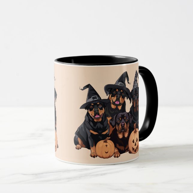 Caneca Feliz Halloween Rottweiler Cães Jack O Lanterna (Frente Esquerda)