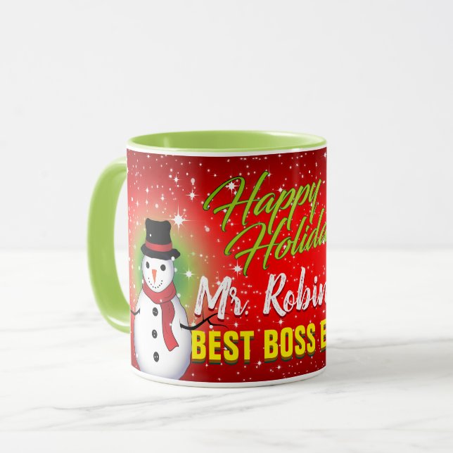 Caneca Feliz Holidays Melhor Chefe Nunca com Nome (Frente Esquerda)