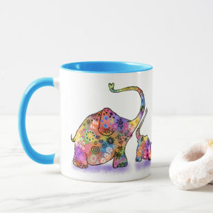 Caneca Feliz Mãe Colorida e Elefante de Bebê - Desenho