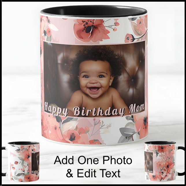 Caneca Feliz Mãe de aniversário Mãe Foto Fofo rosa-rosa 0 (Criador carregado)