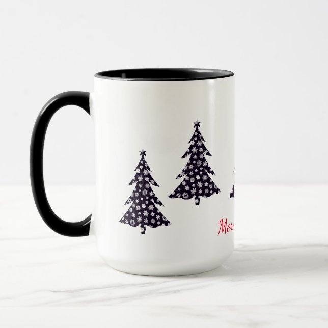 Caneca Feliz Natal, árvores negras com neve caindo (Esquerda)
