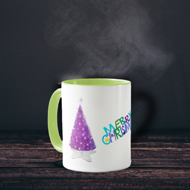 Caneca Feliz Natal Brilho Rosa Árvores Prata (Merry Christmas pink trees on star rug silver star decorations on holiday coffee mug.)