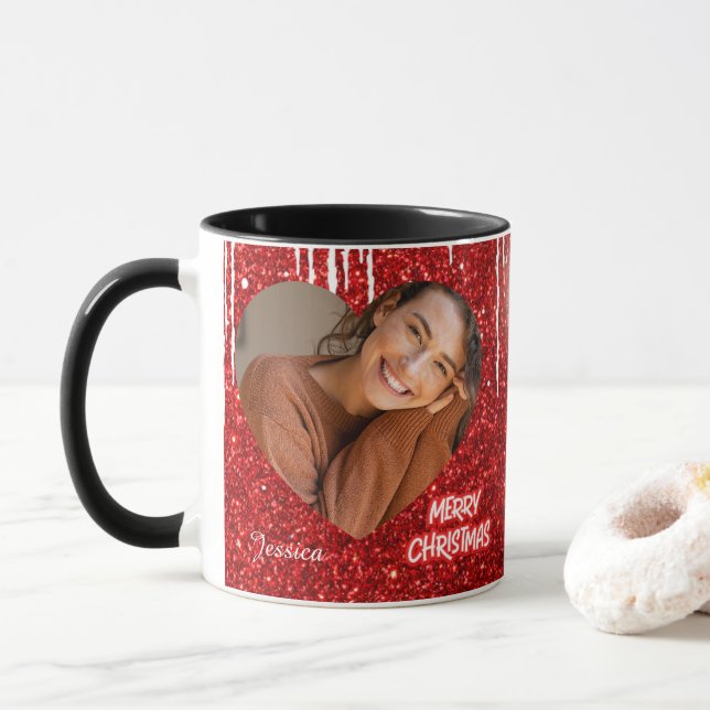Caneca Feliz Natal Cardíaco Personalizado Nome da Foto (Com Donut)