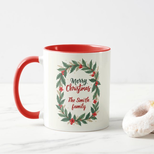 Caneca Feliz Natal Com Grinalda E Nome Café Vermelho  (Com Donut)