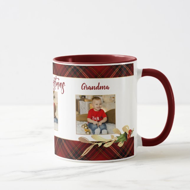 Caneca Feliz Natal Dourado Deixa 3 Foto Vermelho Tartan (Direita)