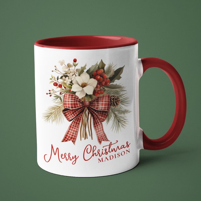 Caneca Feliz Natal Elegante Nome Personalizado Floral (Criador carregado)