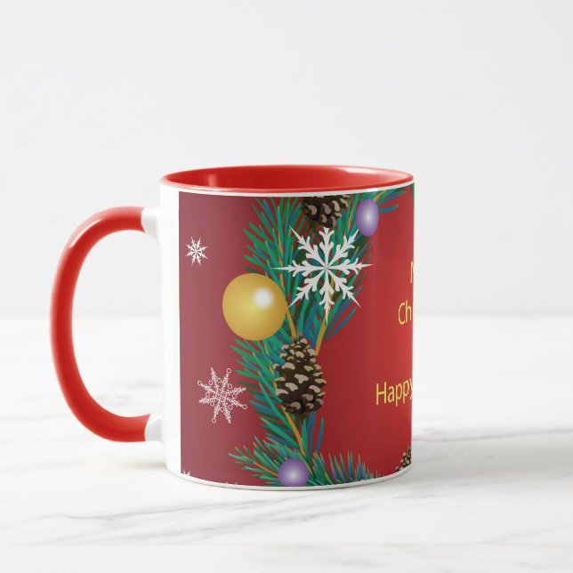 Caneca Feliz Natal! em um fundo luxuoso vermelho. (Esquerda)