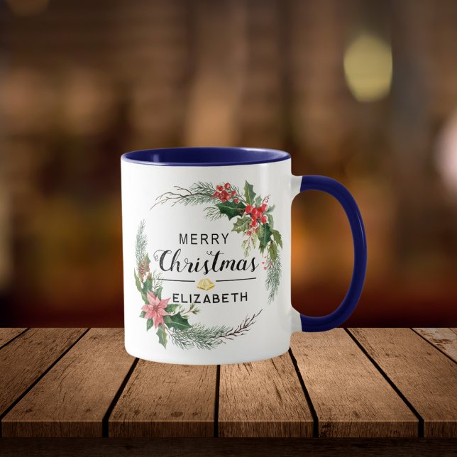 Caneca Feliz Natal Floral Wreath e Marinho de Script Azul (Criador carregado)