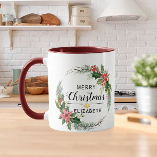 Caneca Feliz Natal Floral Wreath e Script Maroon
