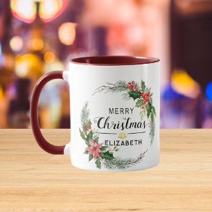 Caneca Feliz Natal Floral Wreath e Script Maroon