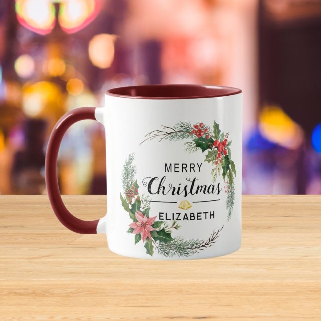Caneca Feliz Natal Floral Wreath e Script Maroon (Criador carregado)