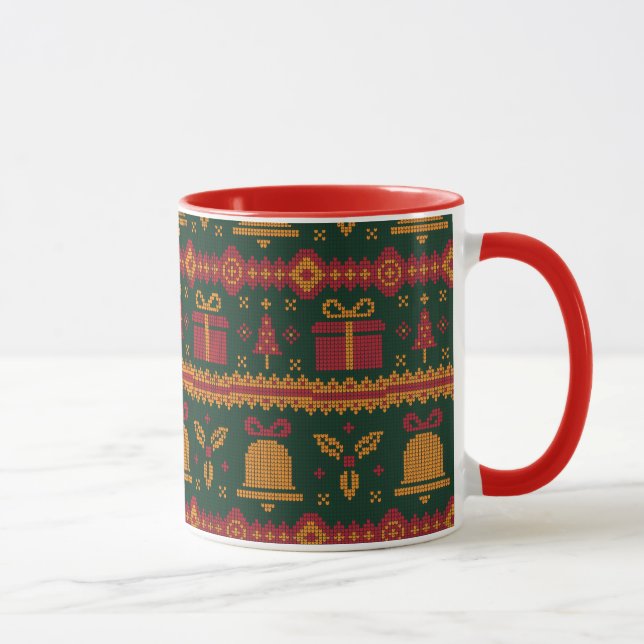 Caneca Feliz Natal Isle Knitting Padrão Vermelho (Direita)