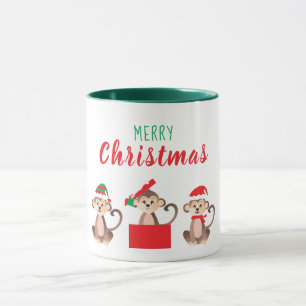 Caneca Feliz Natal Macacos Bonitos Chapéus De Natal