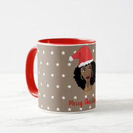 Caneca Feliz Natal, Mulher Negra, Estrelas Brancas, Marro