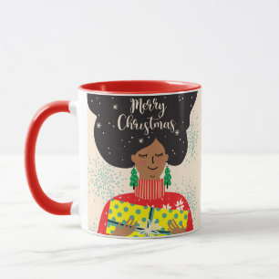 Caneca Feliz Natal, Mulher Negra, Suéter Brilhante