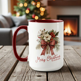Caneca Feliz Natal Nome Personalizado Floral Elegante