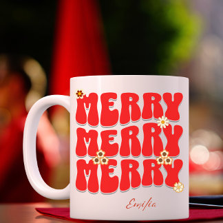 Caneca Feliz Natal Nome Personalizado Retro Groovy Boho