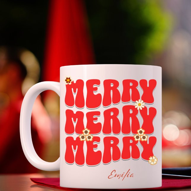 Caneca Feliz Natal Nome Personalizado Retro Groovy Boho (Criador carregado)