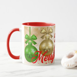 Caneca Feliz Natal Ornamentos Vermelhos Verdes Flocos de