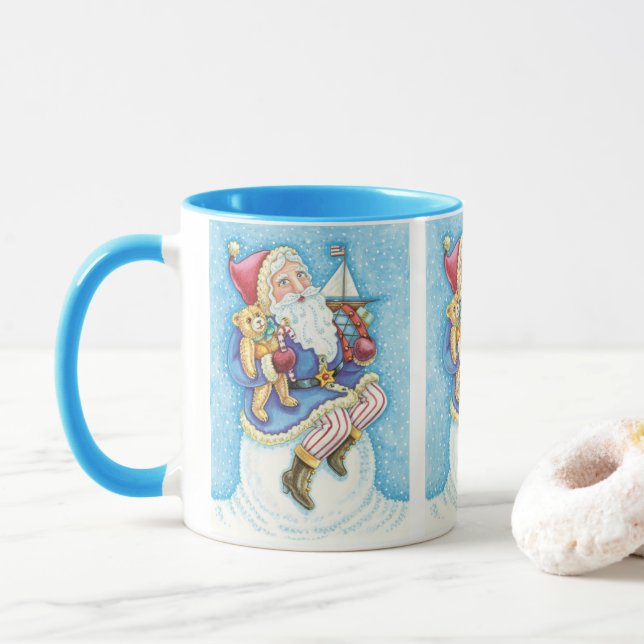 Caneca Feliz Natal, Papai Noel em Snowball com Brinquedos (Com Donut)