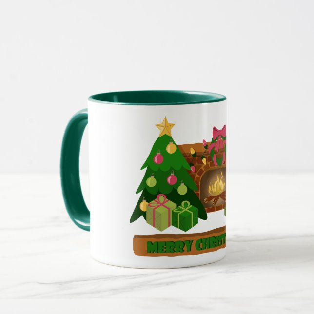 Caneca Feliz Natal perto da árvore de Natal de lareira bo (Frente Esquerda)