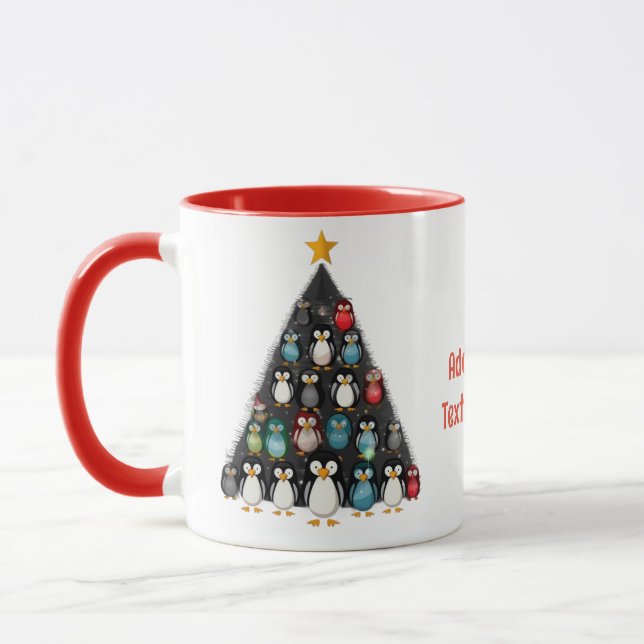 Caneca Feliz Natal Pinguim Divertido Árvore Vermelha (Esquerda)