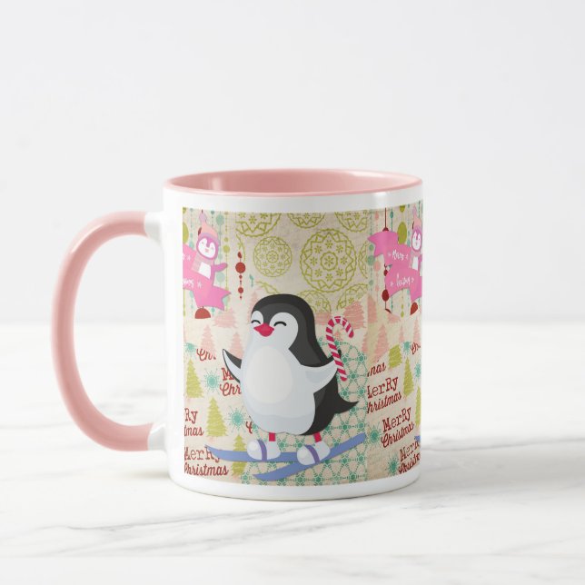 Caneca Feliz Natal Pinguim Rosa Pink Mug (Esquerda)