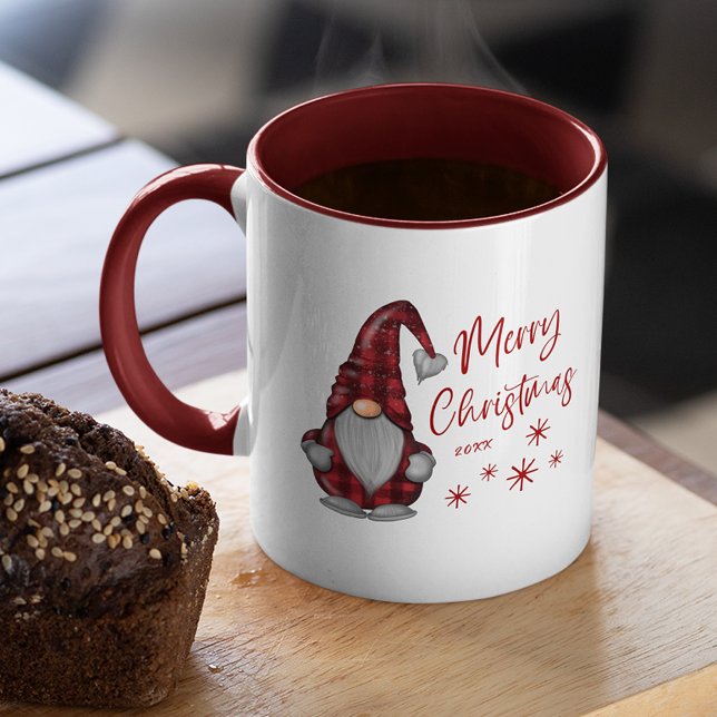 Caneca Feliz Natal Rustic Gnomo na Xadrez de Buffalo Verm (Several colors to choose from.)