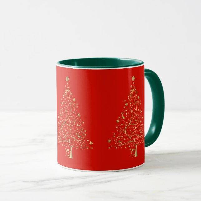 Caneca Feliz Natal Vermelho e Verde, Dourado, (Frente Esquerda)